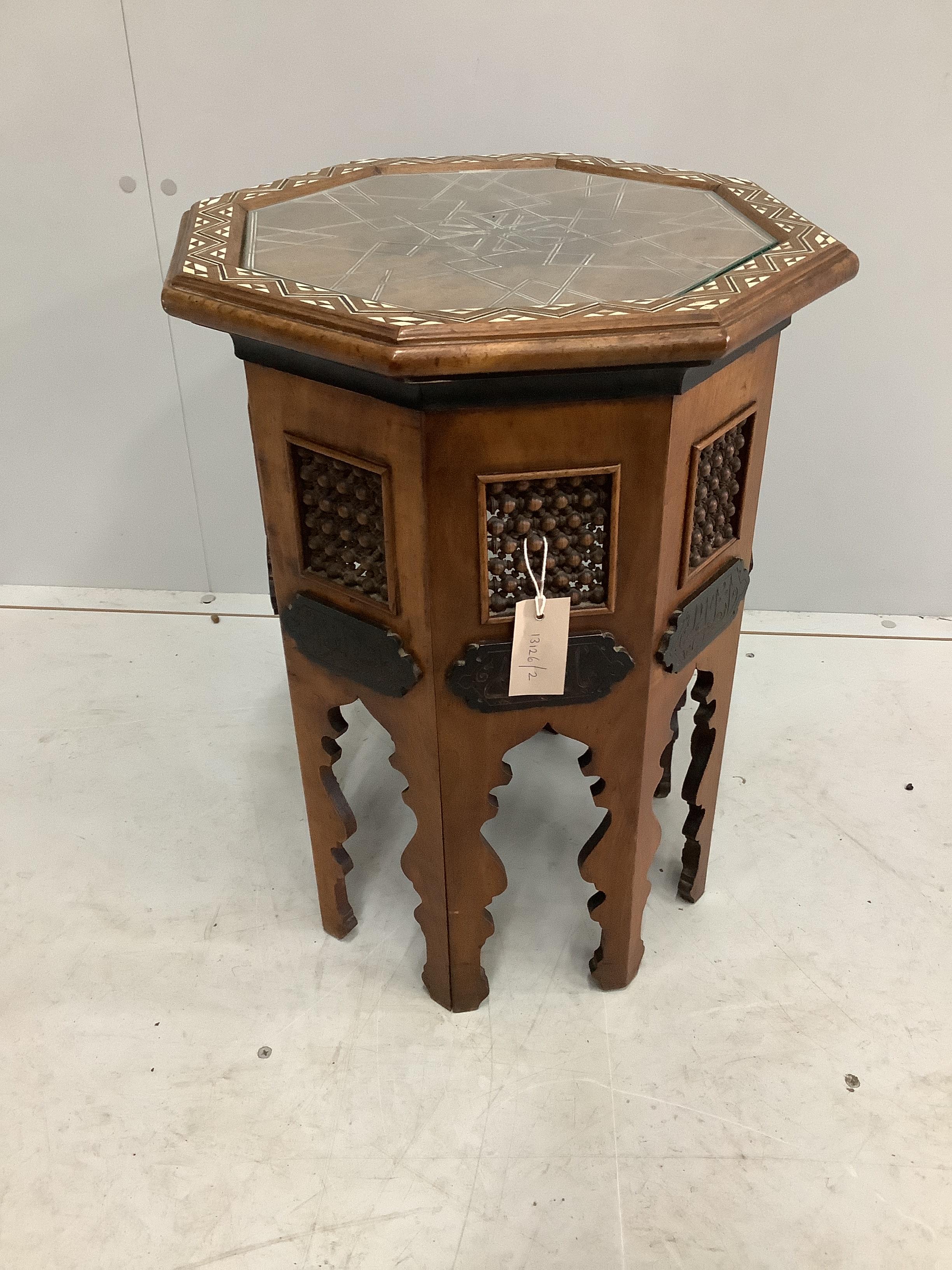 A Syrian bone inlaid octagonal occasional table, width 40cm, height 56cm